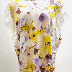 NWT SONOMA Women Short Sleeve Pull Over White Lace Sleeve Floral Shirt Size 4X